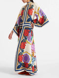 Women's Elegant Floral Print Maxi Dress with Draped Waterfall Sleeves