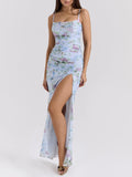 Women's Blue Loral Printed Mesh Maxi Dress for an Elegant and Trendy