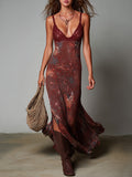 Women's Boho Lace-Spliced Leopard Print Maxi Dress with Hem Slit