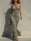 Women's Chic Ruched Lace-Panel Maxi Dress with a Flowing Hem
