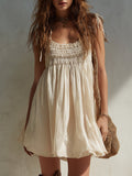 Women's Boho Shirred Mini Dress with Delicate Shoulder Ties