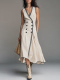 Women's Inspired Cotton-Linen A-Line Midi Dress with Contrasting