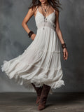 Women's Boho White Lace-Trim Pleated Midi Dress - Flowy, Romantic