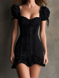 Women's Inspired Black Ruffled Corset Mini Dress for a Retro Romantic