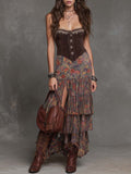 Women's Inspired Oil-Paint Floral Print Tiered Ruffle Midi Dress in
