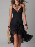 Women's Chic High-Low Chiffon Midi Dress with a Flirty Ruffled Hem