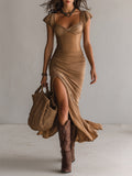 Women's Inspired Ruffled Maxi Dress with Short Sleeves and a Dramatic