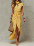 Women's Bohemian Cotton High-Neck Ruched Wrap Maxi Dress - Flowing &