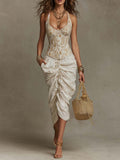 Women's Bohemian Halter Gold Lace Corset with Ruched Midi Dress