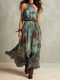 Boho Sage Green Halter-Neck Chiffon Maxi Dress - Flowy Bohemian Summer Essential
