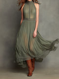 Women's Graceful Sage Green High-Neck Lace Maxi Dress with Pleated