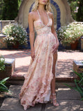 Women's Long Maxi Dress with Floral Print, Faux Pearls, and Ruffle