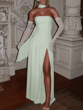 Women's Elegant Mint Green Patchwork Strapless Maxi Dress