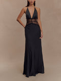 Women's Elegant Deep V Silk Satin Maxi Dress with Stylish Halterneck