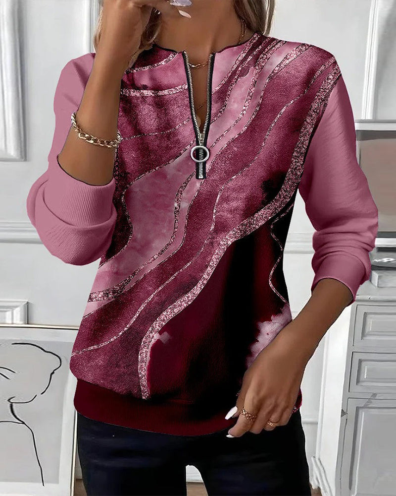 Women's Cozy Half-Zip Sweatshirt with Vintage Print