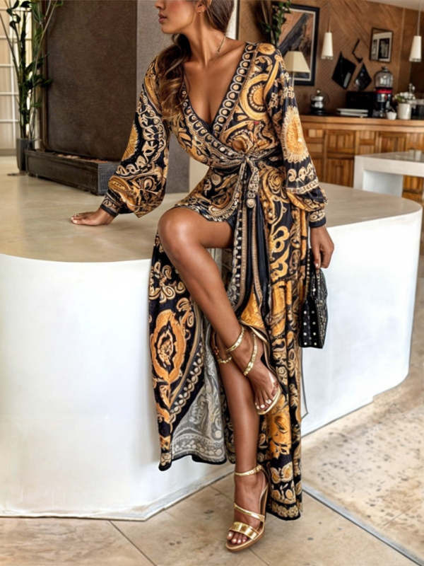 Bohemian Maxi Dress in Golden Print with a Bold High Slit