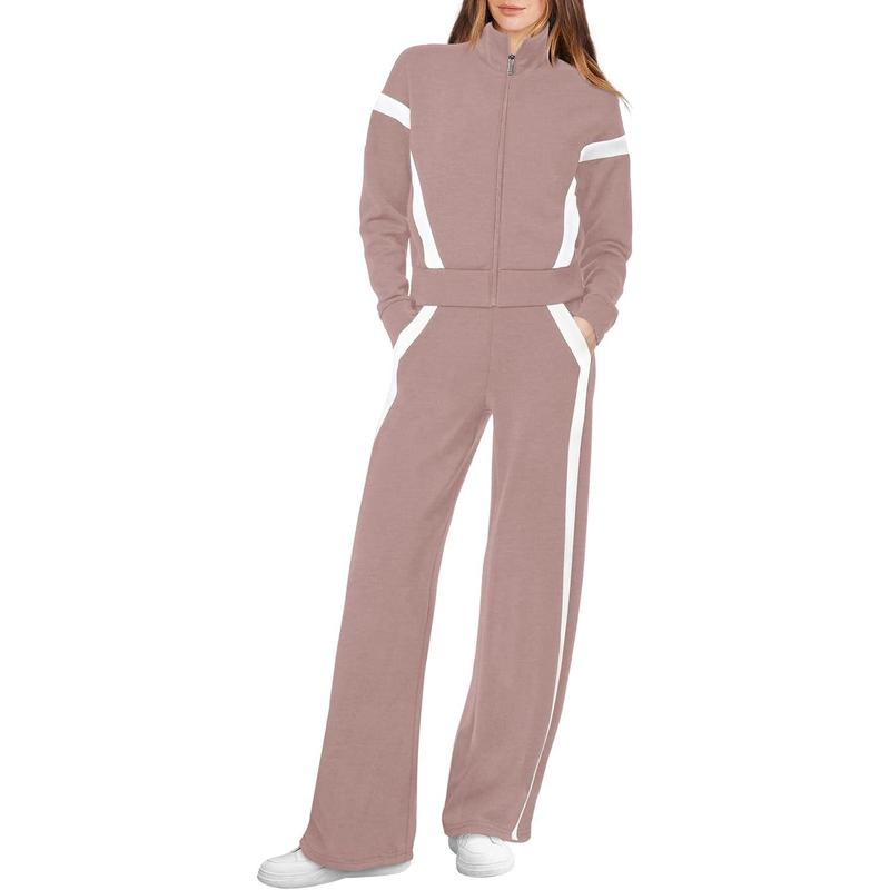 Women’s Zip-Up Sporty Sweatsuit with Flattering Wide-Leg Pants Set