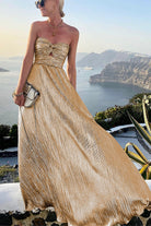 Celeste Women’s Strapless A-Line Evening Gown with Elegant Pleated Metallic Finish