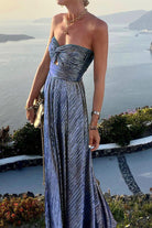 Celeste Women’s Strapless A-Line Evening Gown with Elegant Pleated Metallic Finish