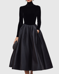 Women's Sophisticated Black Velvet & Satin Midi Dress