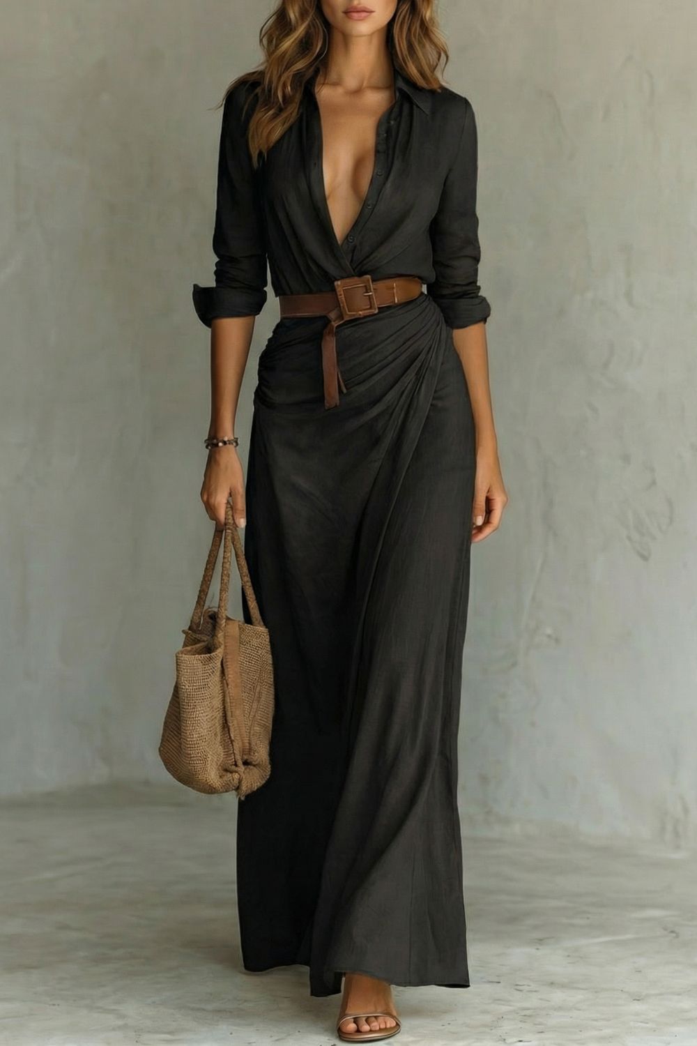 Azura Belted Button-Down Wrap Maxi Dress