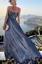 Celeste Women’s Strapless A-Line Evening Gown with Elegant Pleated Metallic Finish