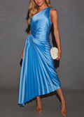 Women's Elegant Glam Pleated One-Shoulder Asymmetrical Maxi Dress
