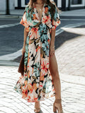 Women's Floral dress with plunging neckline and three-quarter sleeves