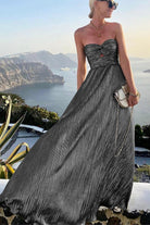 Celeste Women’s Strapless A-Line Evening Gown with Elegant Pleated Metallic Finish