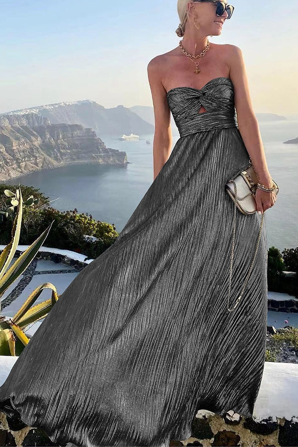 Celeste Women’s Strapless A-Line Evening Gown with Elegant Pleated Metallic Finish