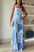 Women's Elegant Ric Rac Straps Bow Back Printed Maxi Cami Dress with