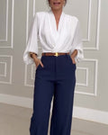 Women's Chic Solid Color V-Neck Blouse with Lantern Sleeves