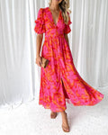 Women's Sophisticated V-Neck Puff Sleeve Maxi Dress