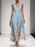 Women's Elegant Light Blue Floral Chiffon V-Neck Sleeveless A-Line
