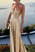 Celeste Women’s Strapless A-Line Evening Gown with Elegant Pleated Metallic Finish