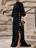 Puff Sleeve Mock-Neck Maxi Dress with Buttoned Split