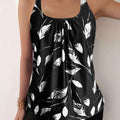 Women's Elegant Black and White Leaf Pattern Tankini Set