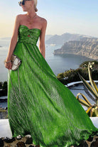 Celeste Women’s Strapless A-Line Evening Gown with Elegant Pleated Metallic Finish