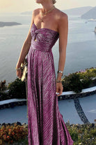 Celeste Women’s Strapless A-Line Evening Gown with Elegant Pleated Metallic Finish
