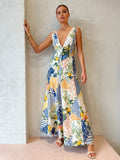 Women's Patchwork V-Neck Maxi Dress in White — Bohemian Charm