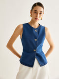 Elara Asymmetrical Button-Front Denim Vest - Modern Chic Statement Piece