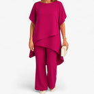 Bianca | Dame Sifon Asymmetrisk Top og Bred-Fod Bukser - Rosa - women's fashion - {{ product_tags }