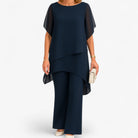 Bianca | Dame Sifon Asymmetrisk Top og Bred-Fod Bukser - Marineblå - women's fashion - {{ product_tags }