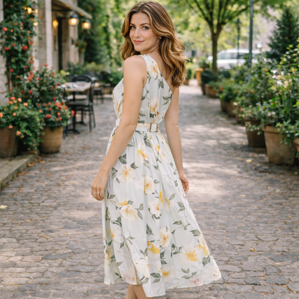 Elegant Light Green Floral One-Shoulder Ruched A-Line Maxi Dress in Chiffon
