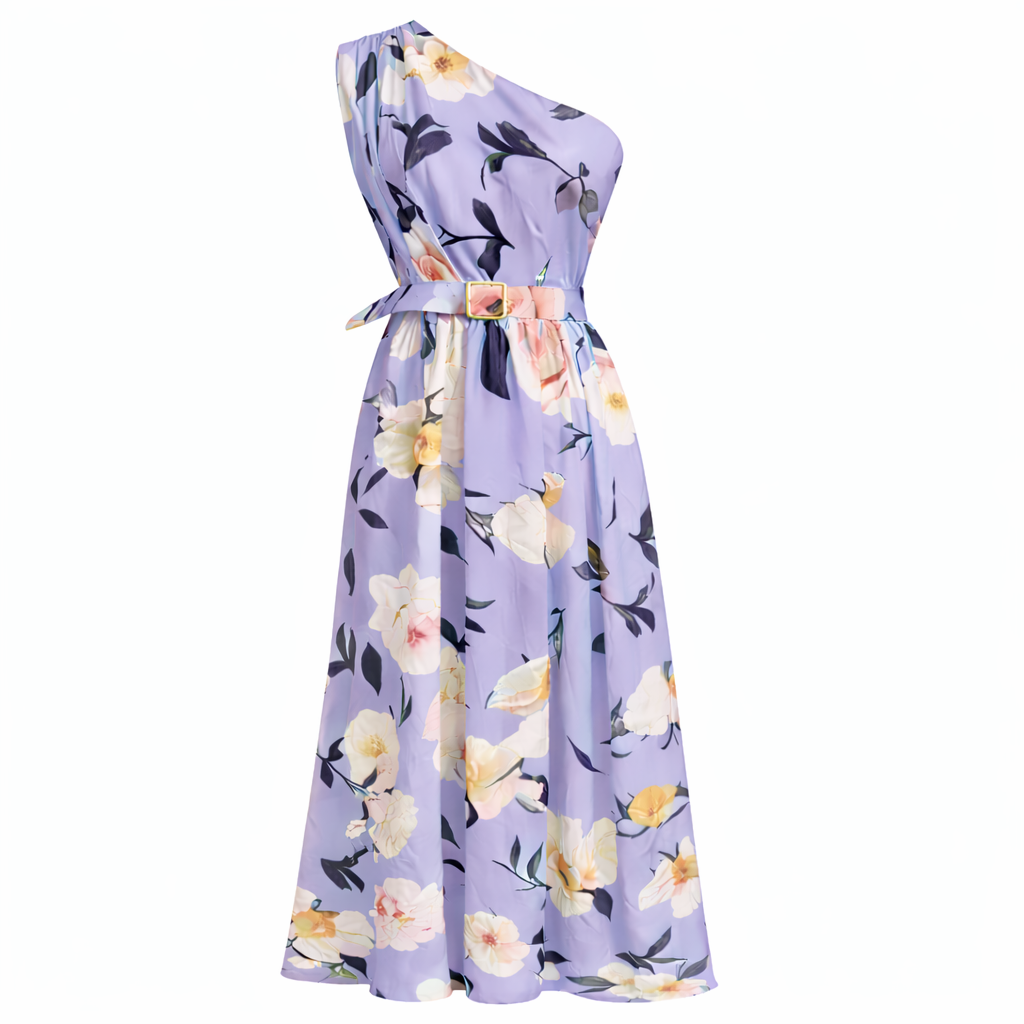 Elegant Light Green Floral One-Shoulder Ruched A-Line Maxi Dress in Chiffon
