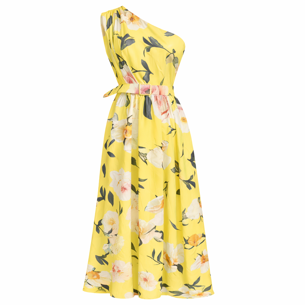 Elegant Light Green Floral One-Shoulder Ruched A-Line Maxi Dress in Chiffon
