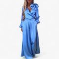 Women's Polyester Set with V-neck and Wide-leg Pants