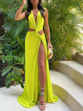 Women's Sleeveless pleated dress with V-neck, hollow knot, and