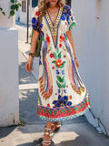 Women's Loose Maxi Print Dress with V-Neck and Short Sleeves