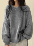 Women's Cozy Drop-Shoulder Split-Hem Round-Neck Sweater